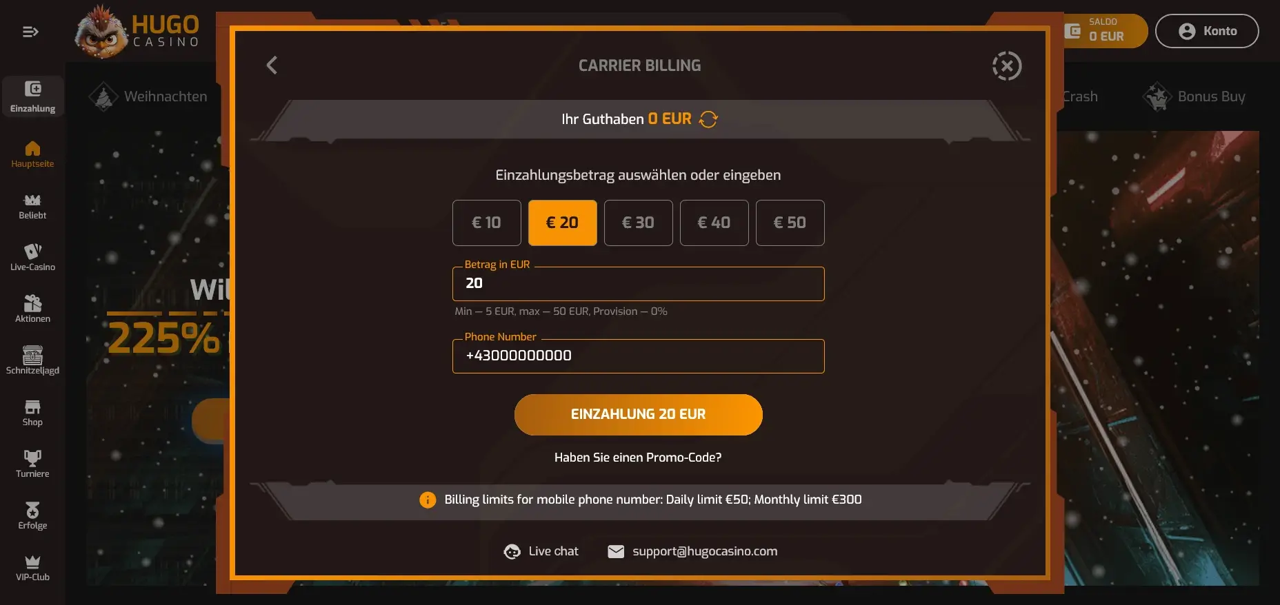 Hugo mit Einzahlung per Telefonrechnung Hugo Casino mit handyrechnung bezahlen